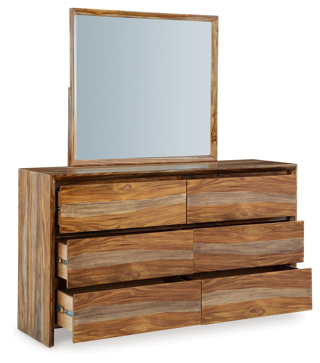 Dressonni Queen Panel Bed, Dresser, Mirror and Nightstand, Brown