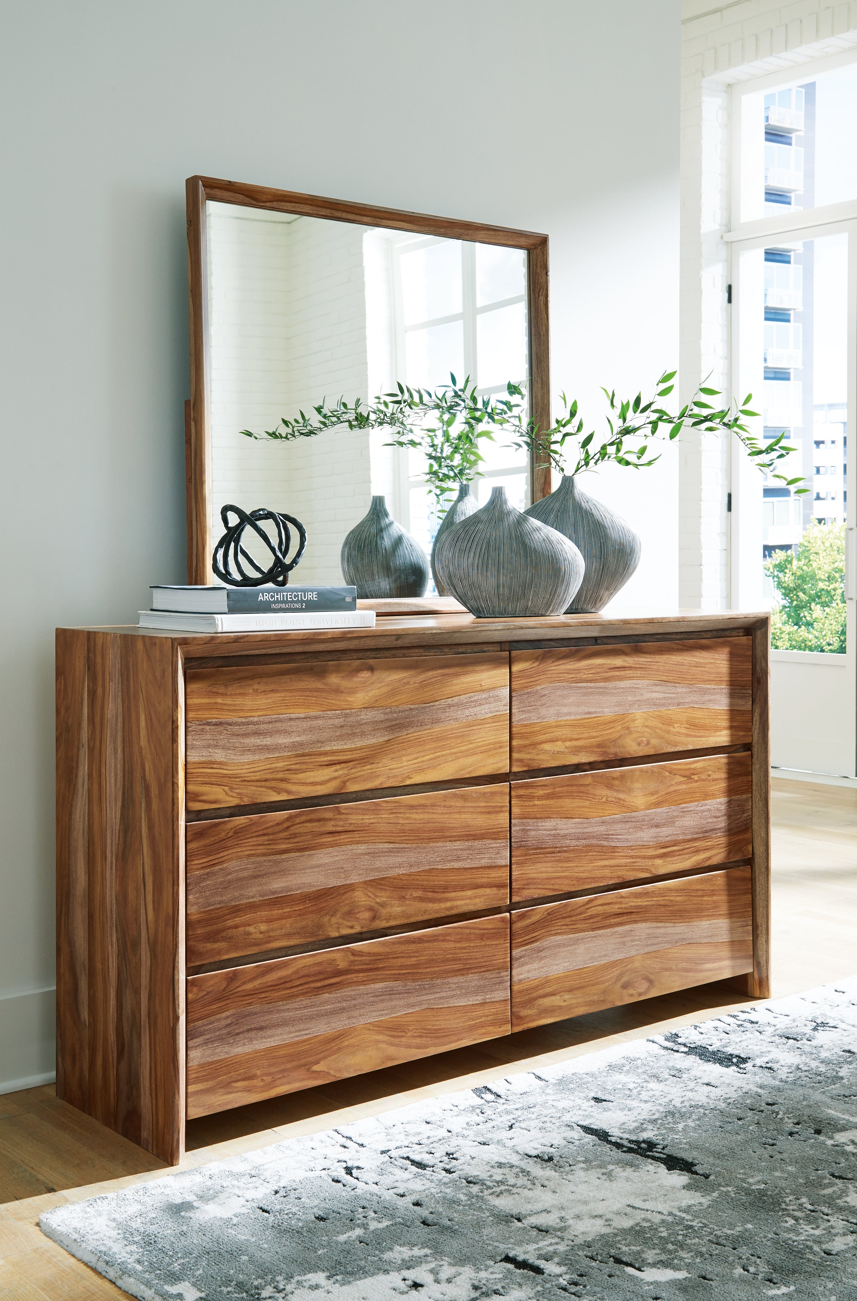 Dressonni Queen Panel Bed, Dresser, Mirror and Nightstand, Brown