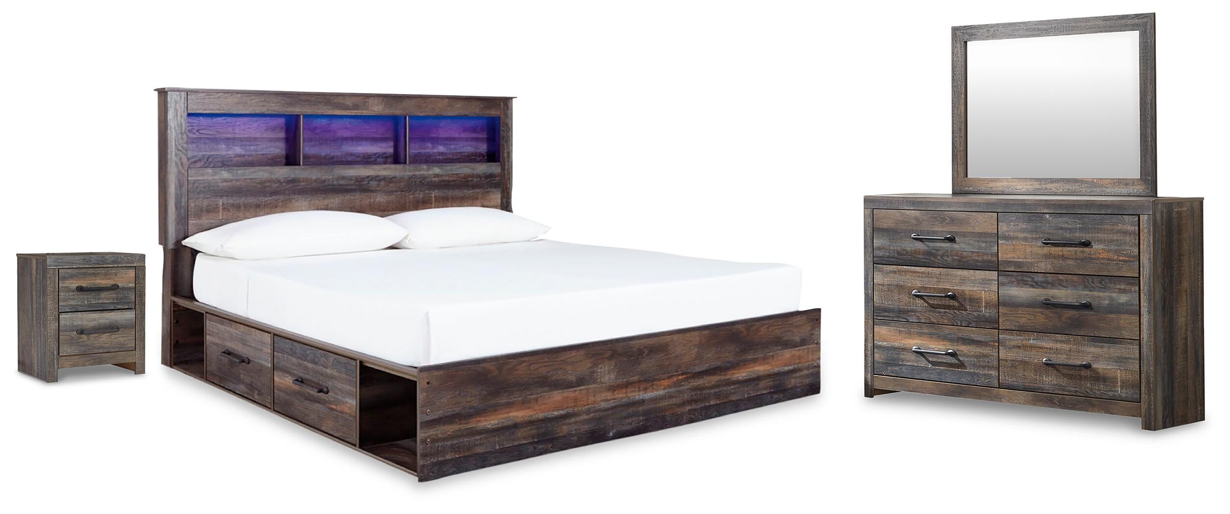 Drystan /Multi King Panel Storage Bed, Dresser, Mirror and Nightstand, Brown