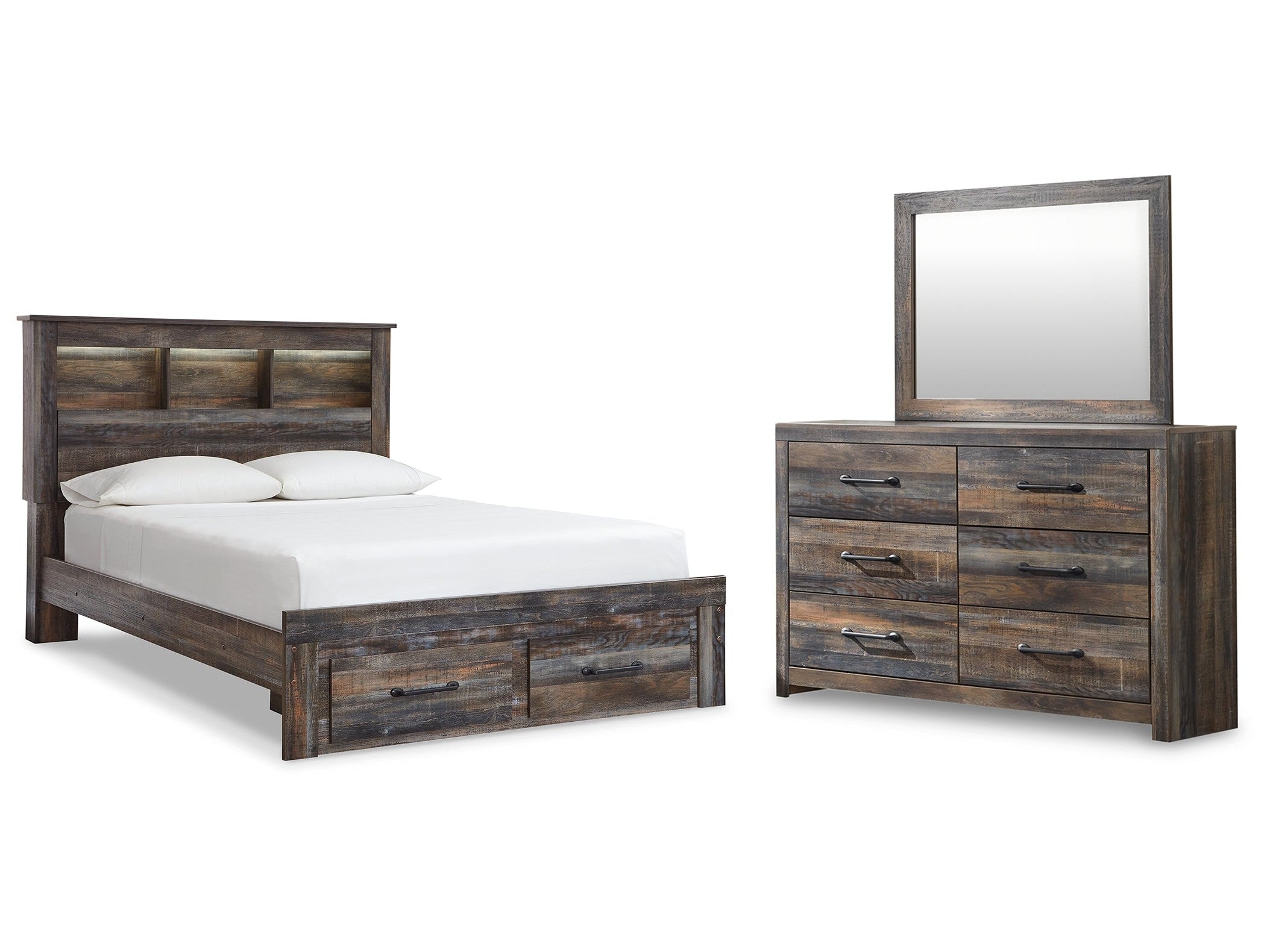 Drystan Multi Queen Bookcase Storage Bed, Dresser and Mirror