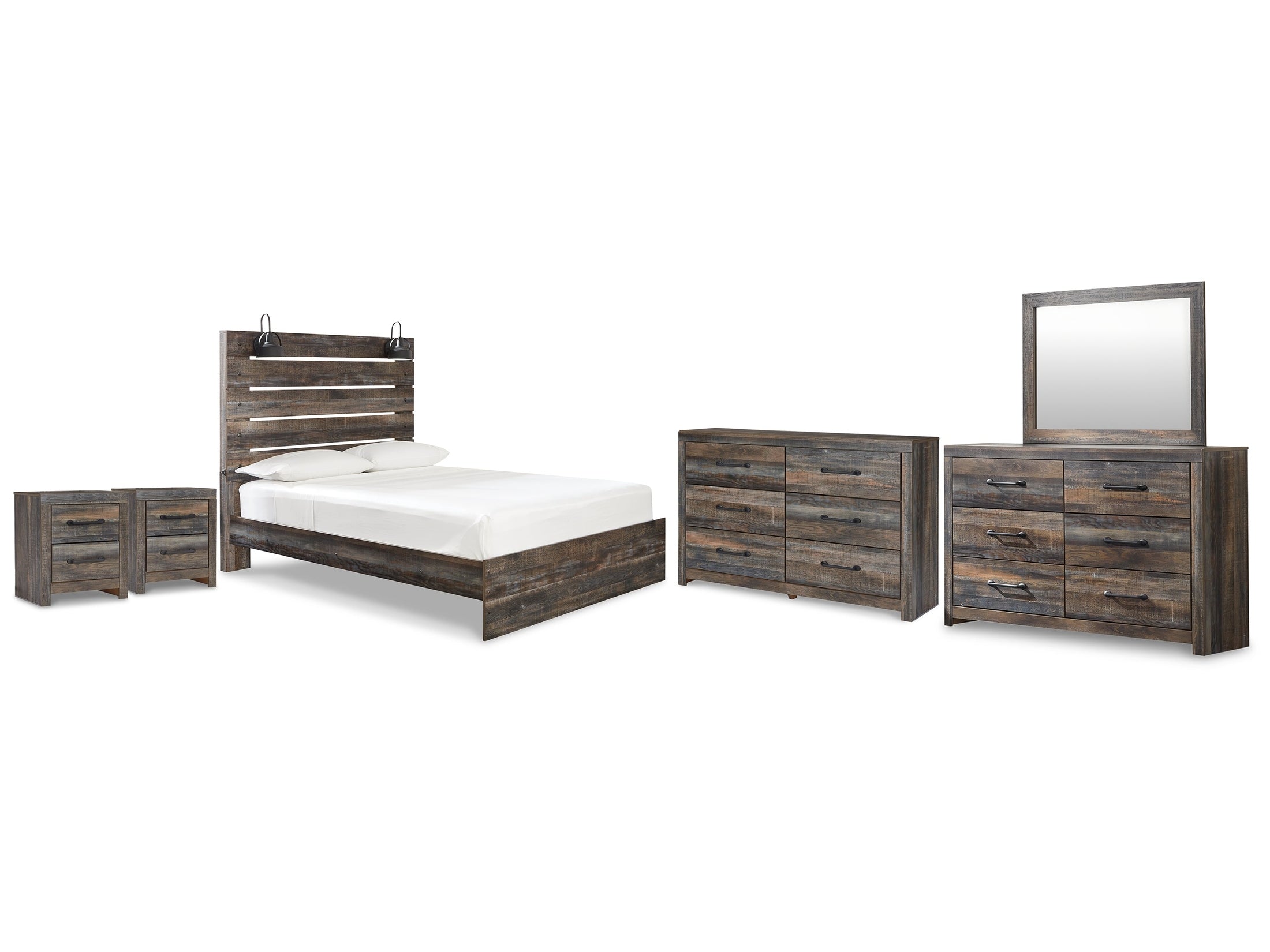 Drystan Multi Queen Panel Bed, 2 Dressers, Mirror and 2 Nightstands