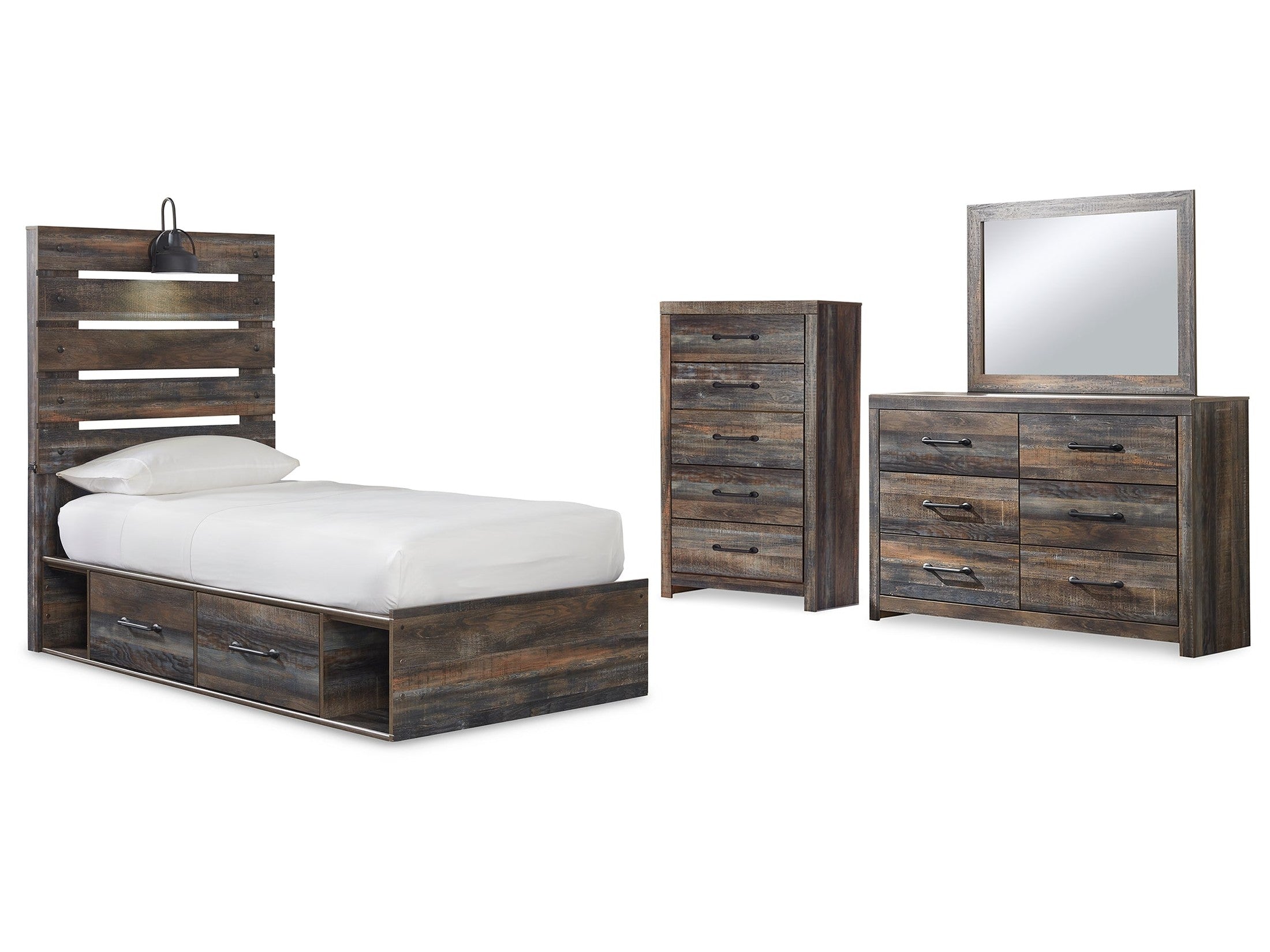 Drystan Multi Twin Panel Bed w/Storage & Dresser & Mirror & Chest