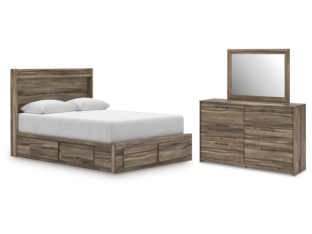 Elbrim Brown Queen Panel 4 Storage Bed, Dresser and Mirror