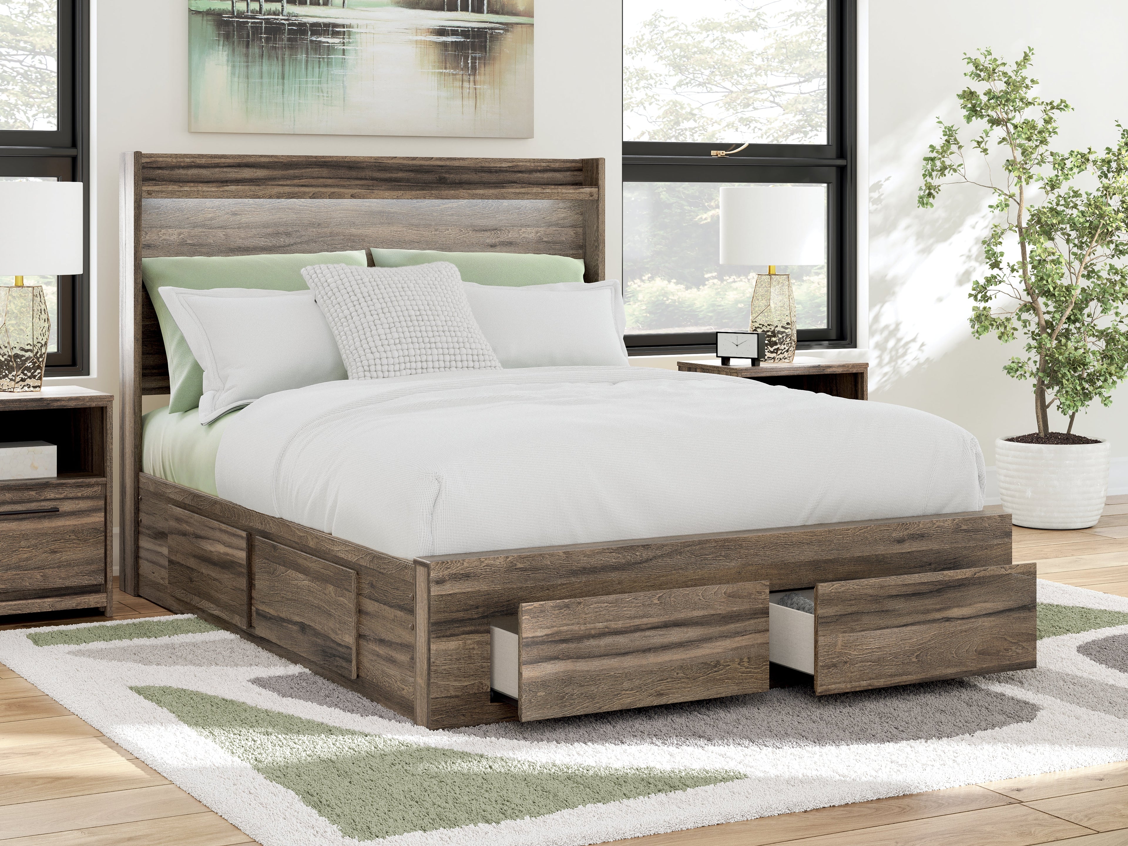 Elbrim Brown Queen Panel 6 Storage Bed, Dresser and Mirror