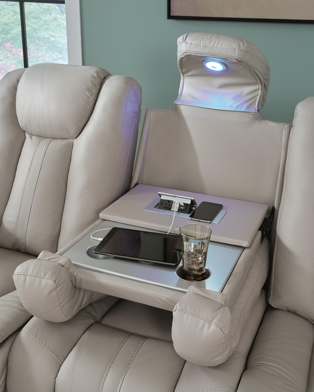 Elevate Edges Coin Reclining Sofa with Drop Down Table