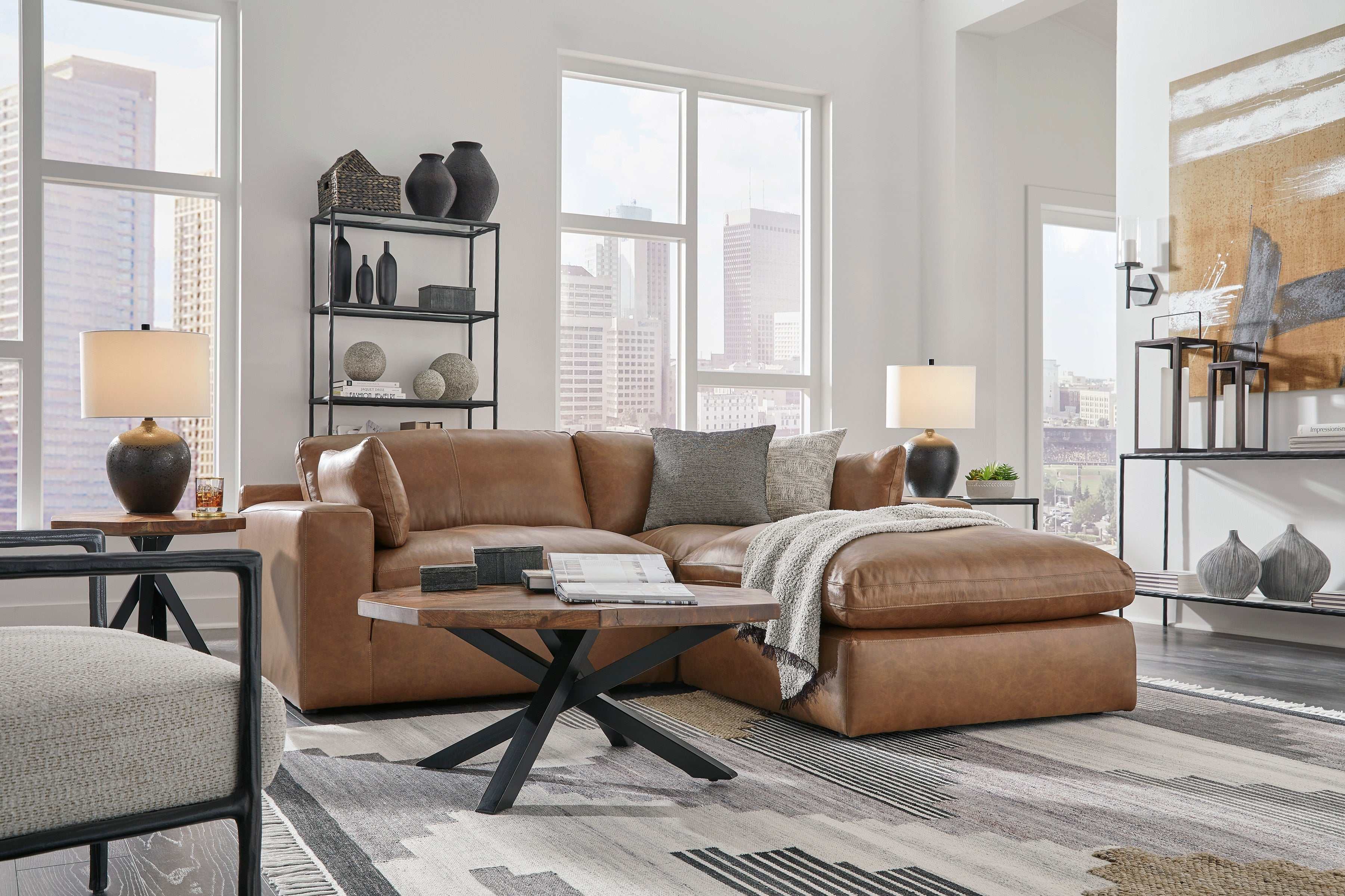 Emilia Caramel Leather 3pc Modular Sectional w/ Ottoman