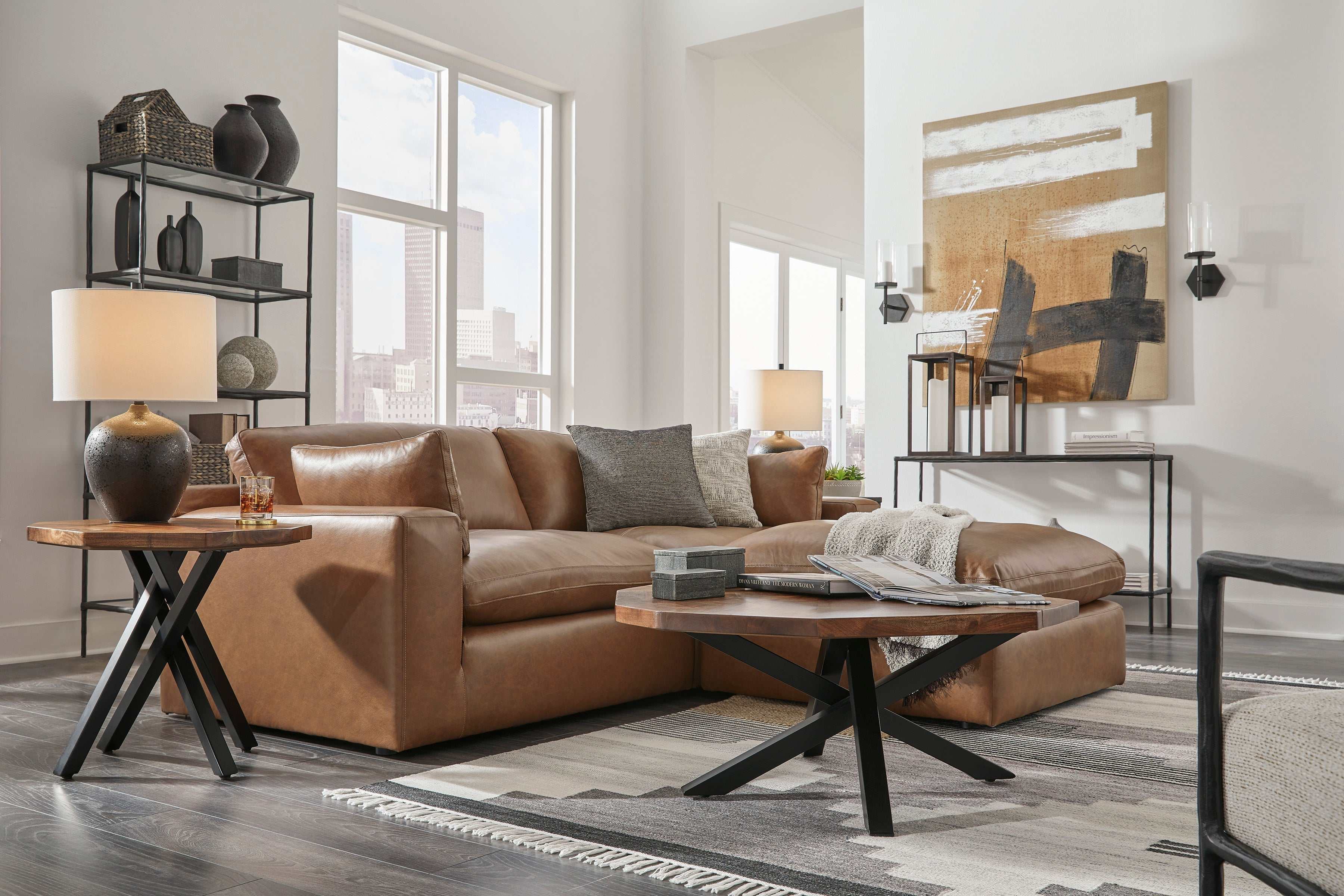 Emilia Caramel Leather 3pc Modular Sectional w/ Ottoman