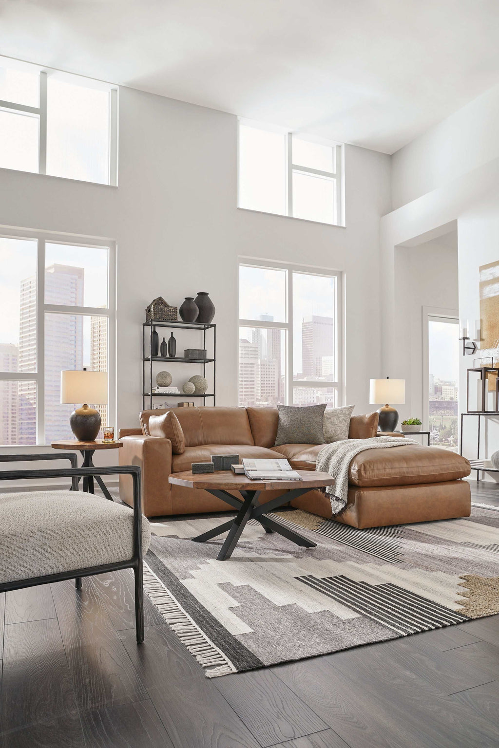 Emilia Caramel Leather 3pc Modular Sectional w/ Ottoman