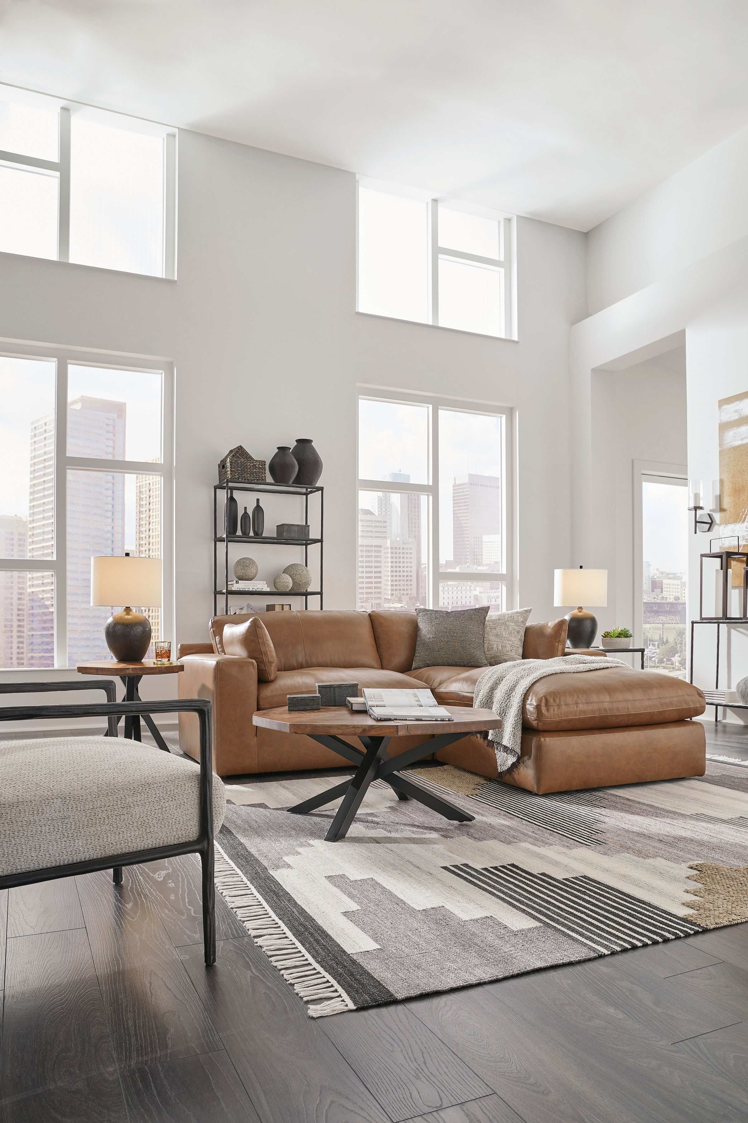 Emilia Caramel Leather 3pc Modular Sectional w/ Ottoman