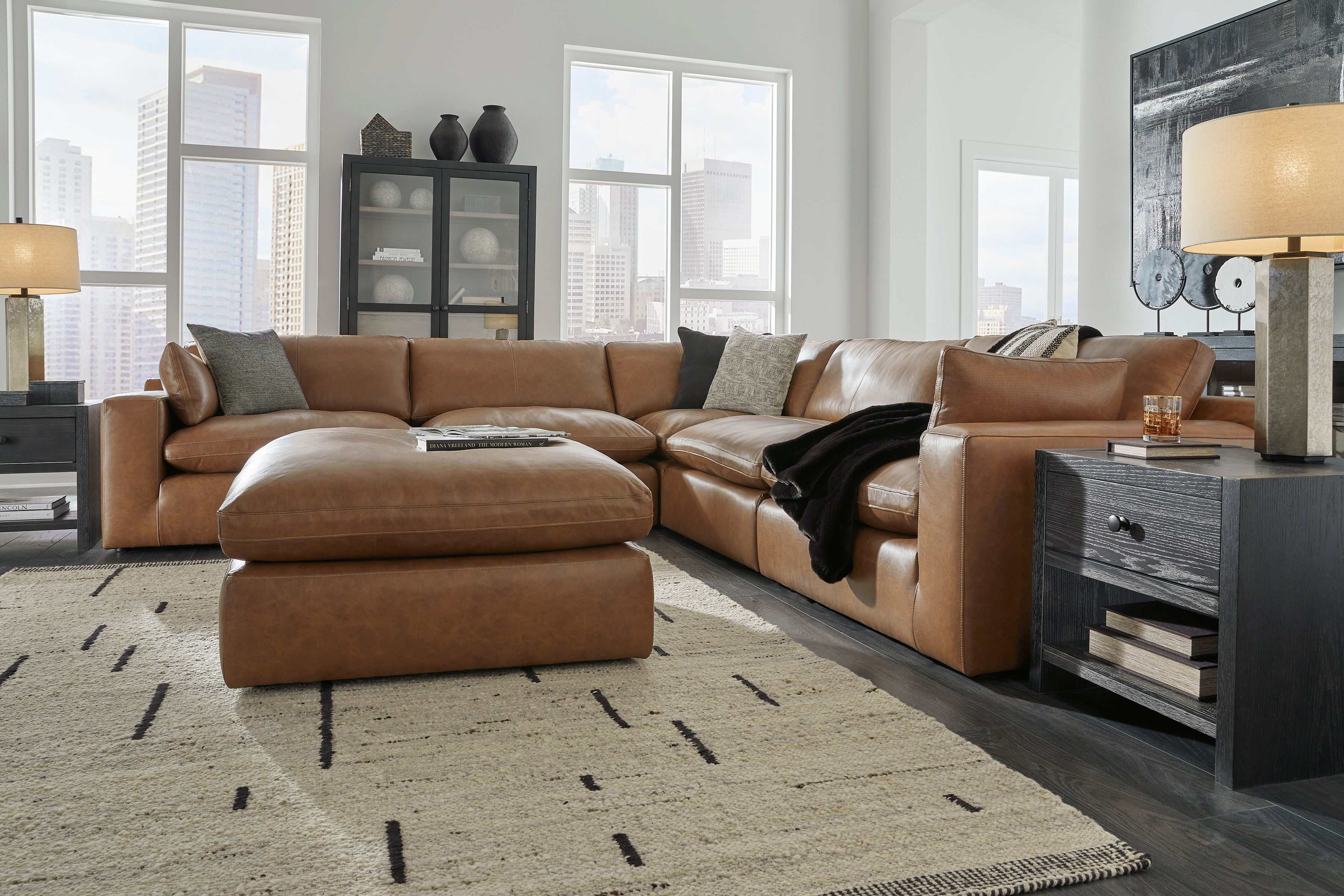 Emilia Caramel Leather 5pc Modular Sectional