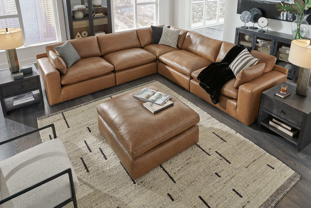 Emilia Caramel Leather 5pc Modular Sectional and Ottoman