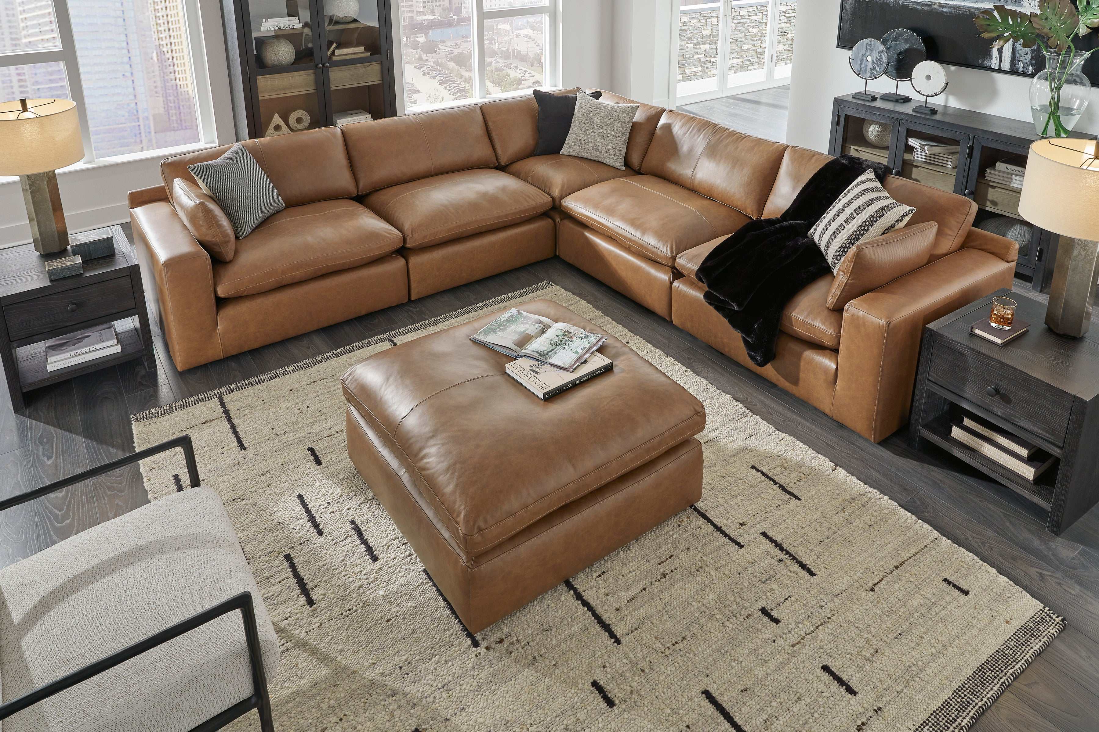 Emilia Caramel Leather 5pc Modular Sectional and Ottoman