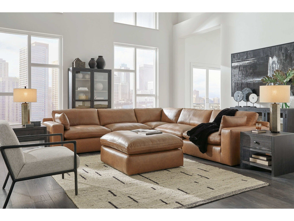 Emilia Caramel Leather 5pc Modular Sectional and Ottoman