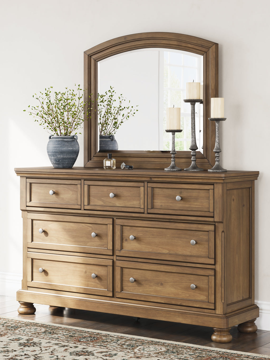 Feddinger Medium Queen Panel Bed, Dresser, Mirror, Chest and 2 Nightstands, Brown
