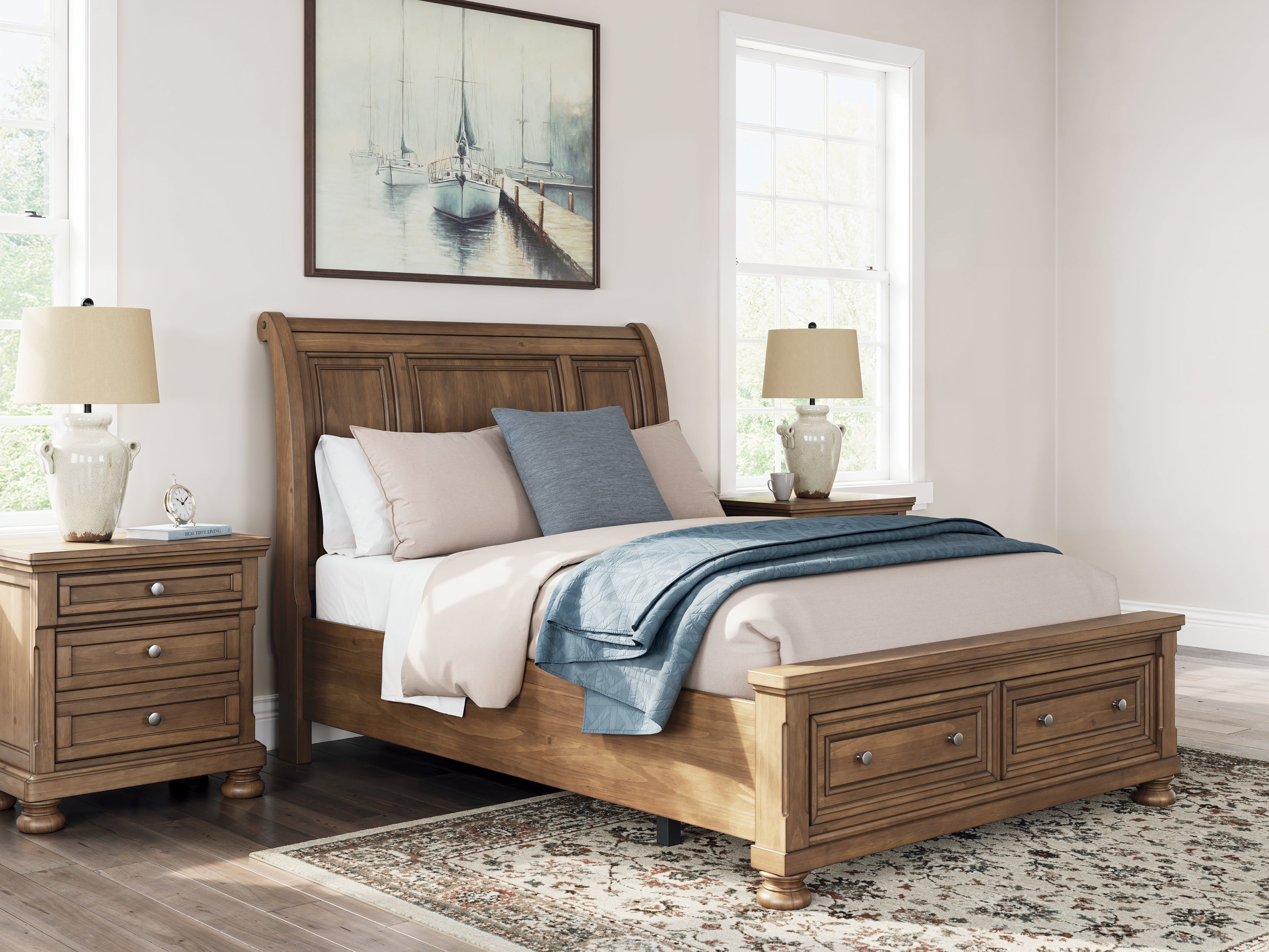 Feddinger Medium Brown Queen Sleigh Storage Bed, Dresser and Mirror