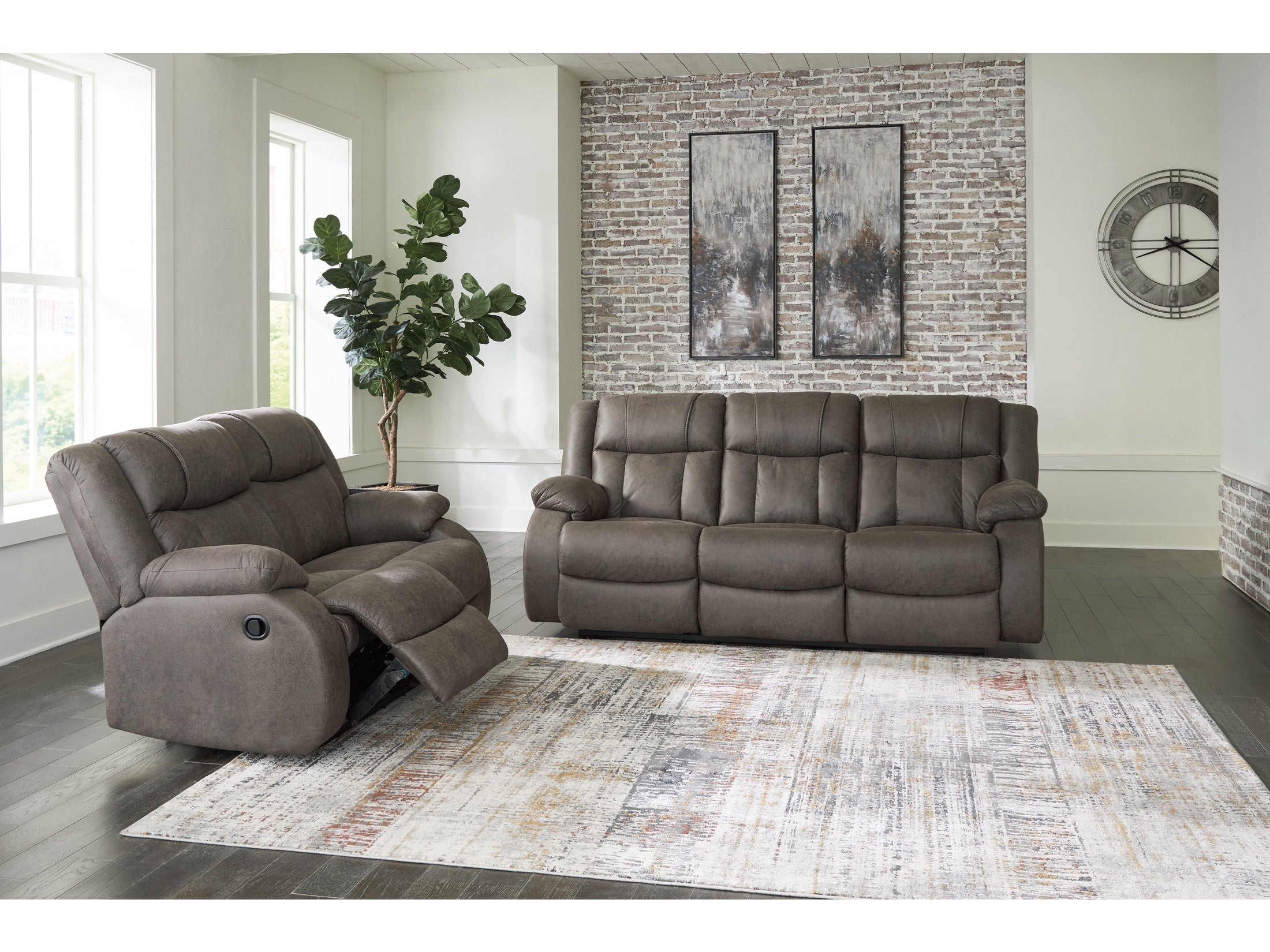 First Base Gunmetal Reclining Sofa and Loveseat