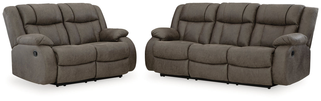 First Base Gunmetal Reclining Sofa and Loveseat