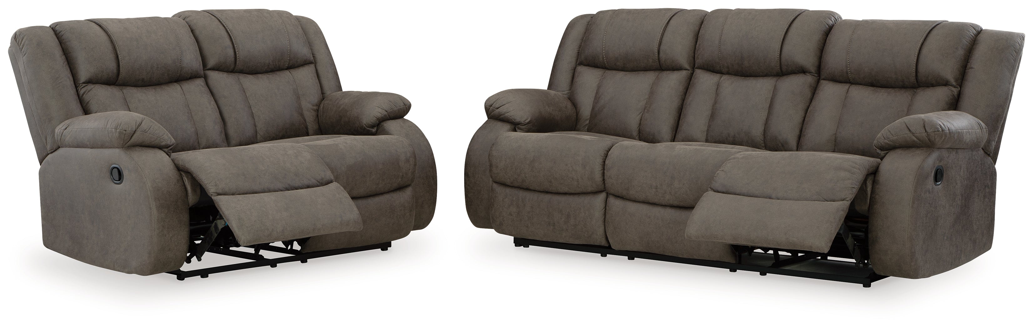 First Base Gunmetal Reclining Sofa and Loveseat