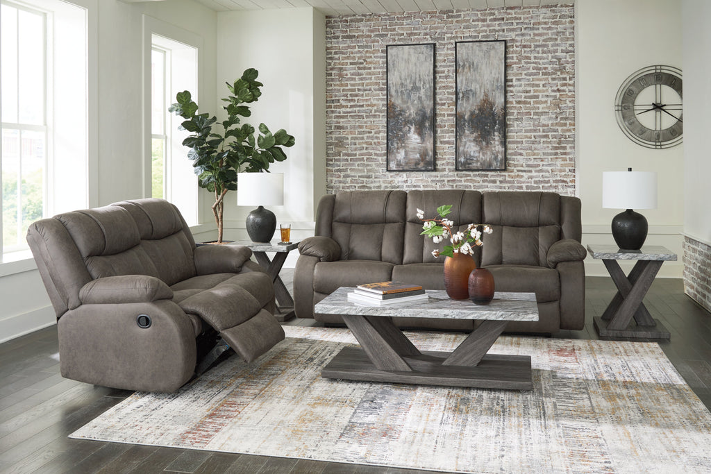 First Base Gunmetal Reclining Sofa and Loveseat