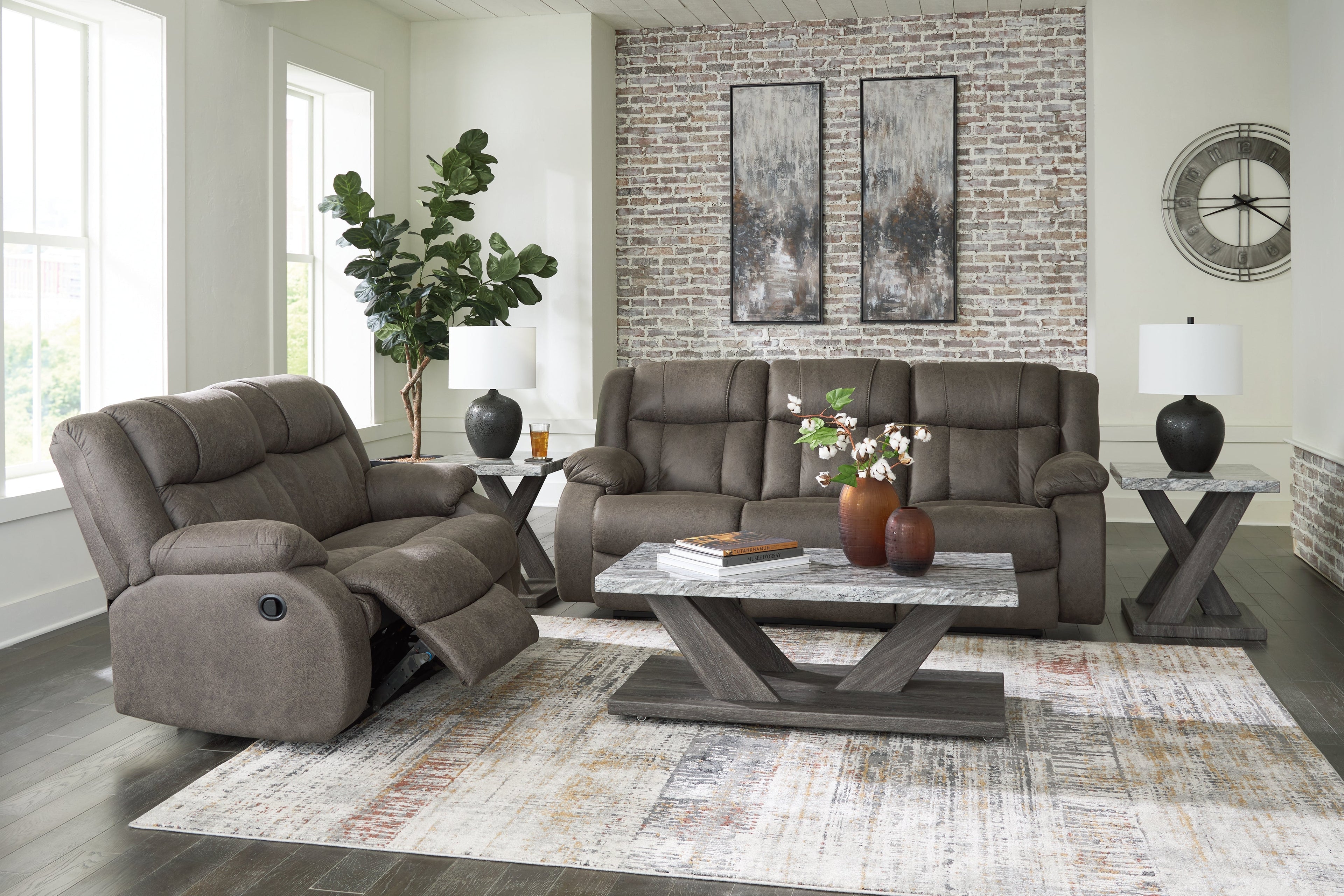 First Base Gunmetal Reclining Sofa and Loveseat
