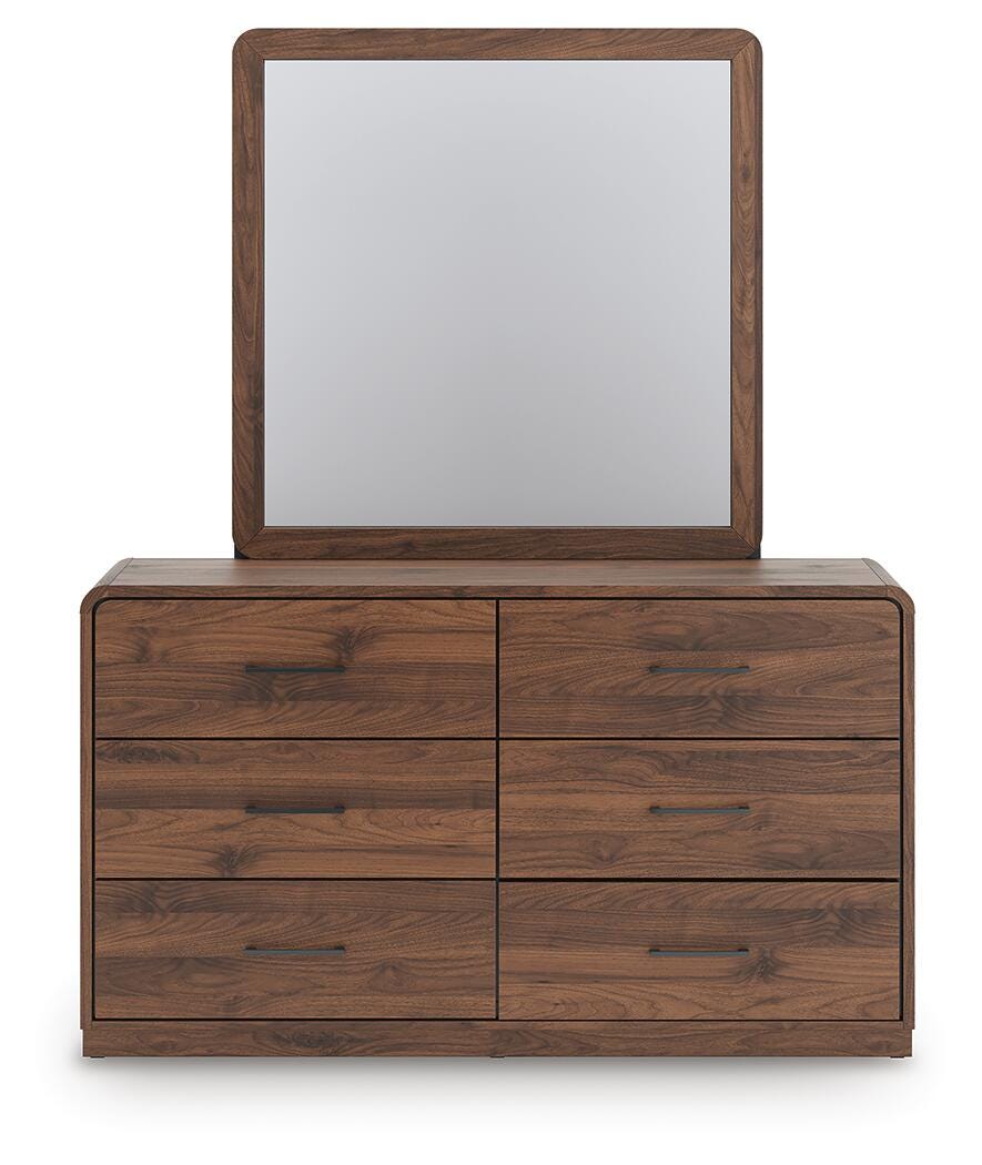 Fortlorn Brown King Panel Bed, Dresser, Mirror and Nightstand, Walnut