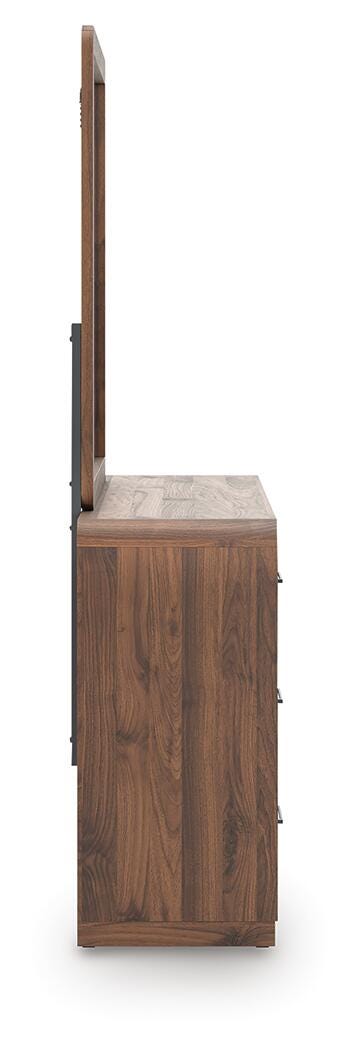 Fortlorn Brown King Panel Bed, Dresser, Mirror and Nightstand, Walnut