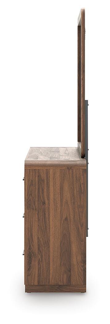 Fortlorn Brown King Panel Bed, Dresser, Mirror and Nightstand, Walnut