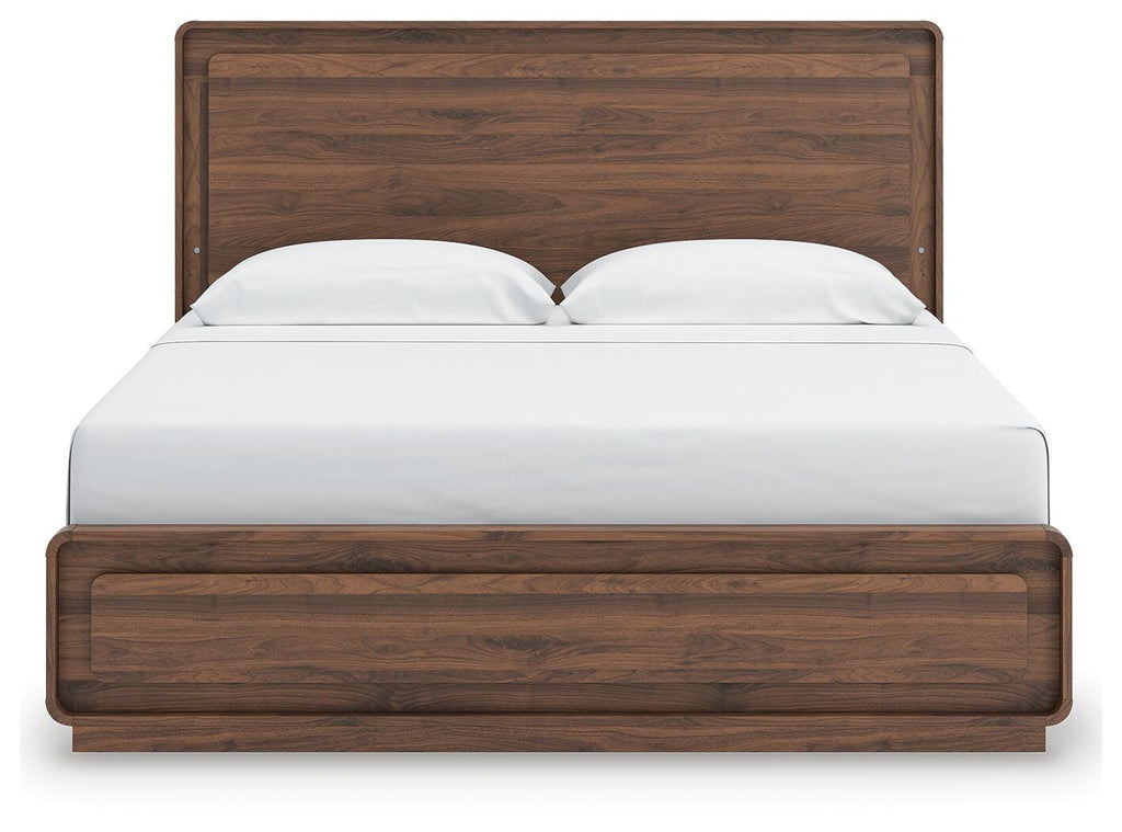 Fortlorn Brown King Panel Bed, Dresser, Mirror and Nightstand, Walnut