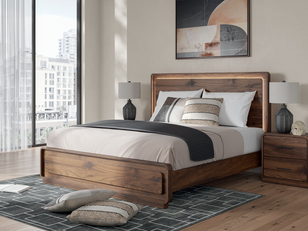Fortlorn Walnut Brown King Panel Bed, Dresser and 2 Nightstands