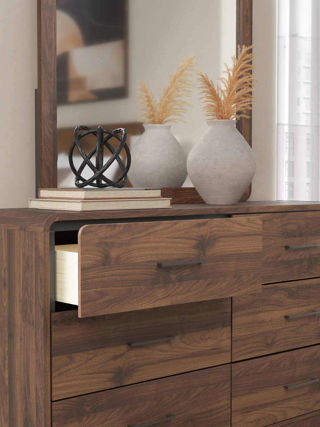 Fortlorn Walnut Brown King Panel Bed, Dresser and Nightstand