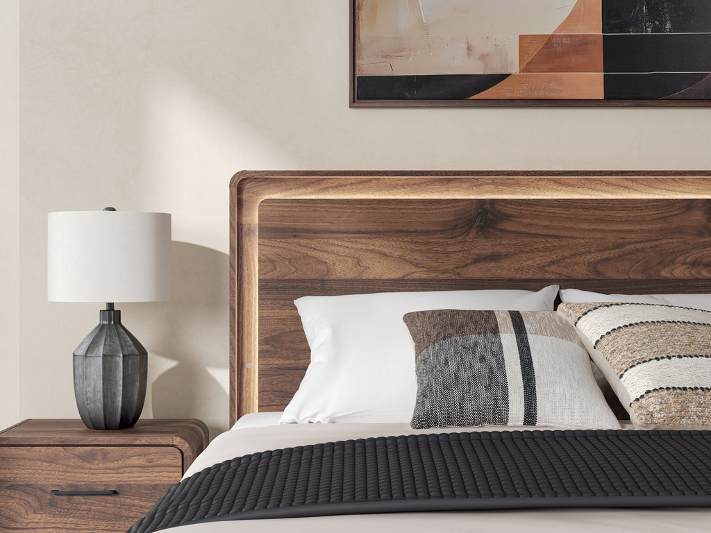 Fortlorn Walnut Brown King Panel Bed, Dresser and Nightstand
