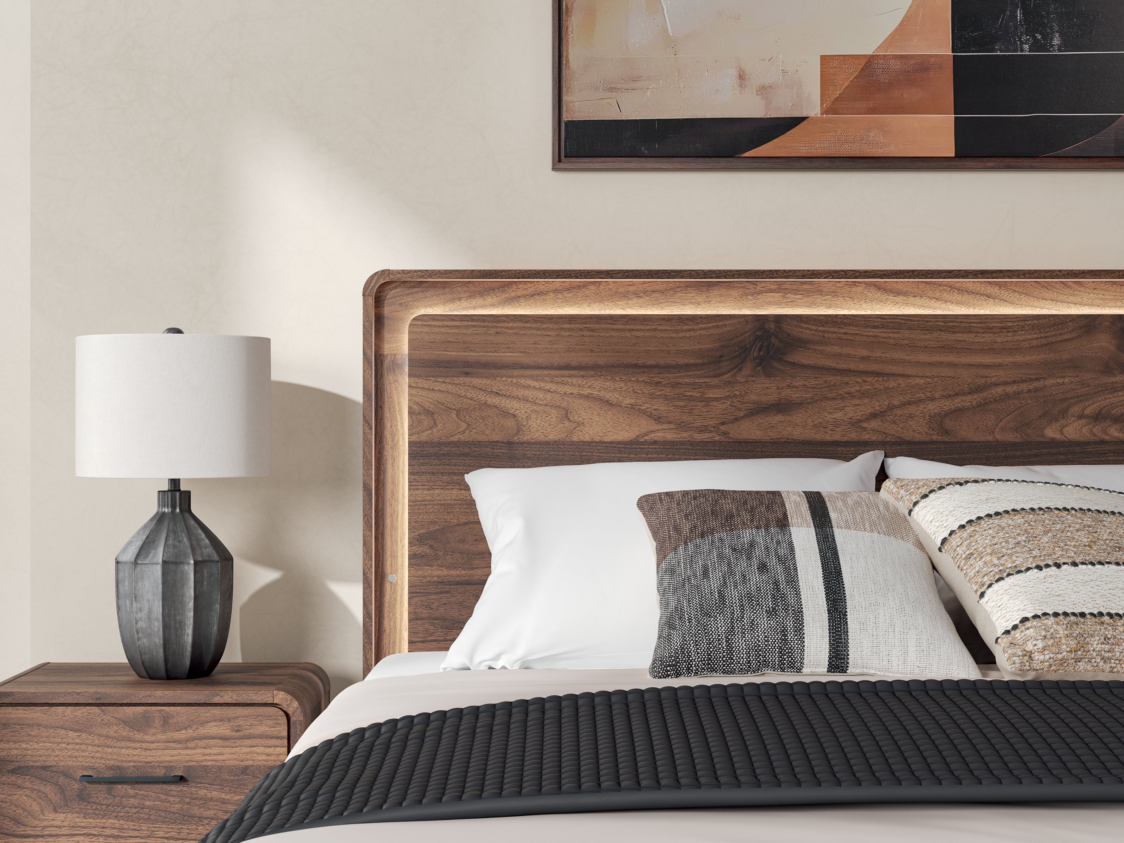 Fortlorn Walnut Brown King Panel Bed, Dresser and Nightstand