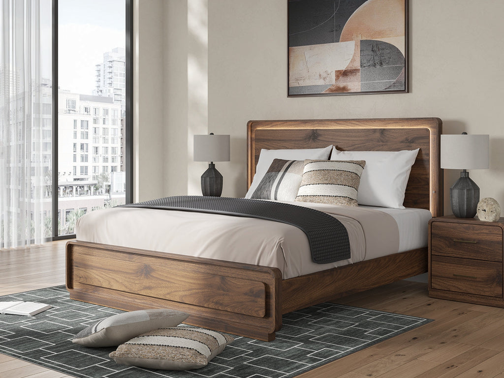 Fortlorn Walnut Brown King Panel Bed, Dresser and Nightstand