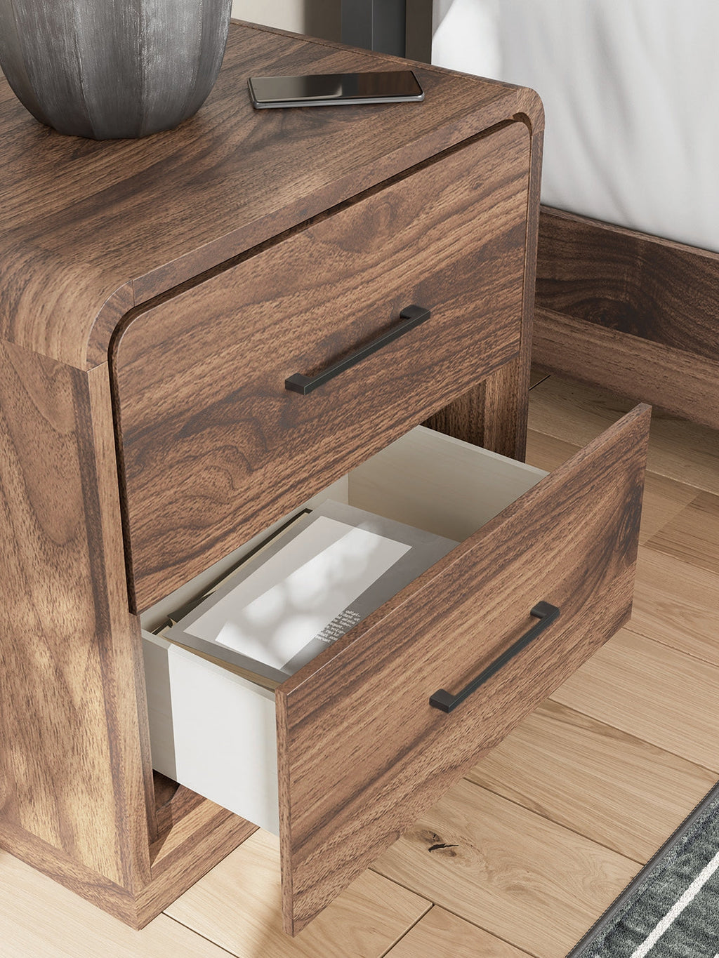 Fortlorn Walnut Brown King Panel Bed, Dresser and Nightstand