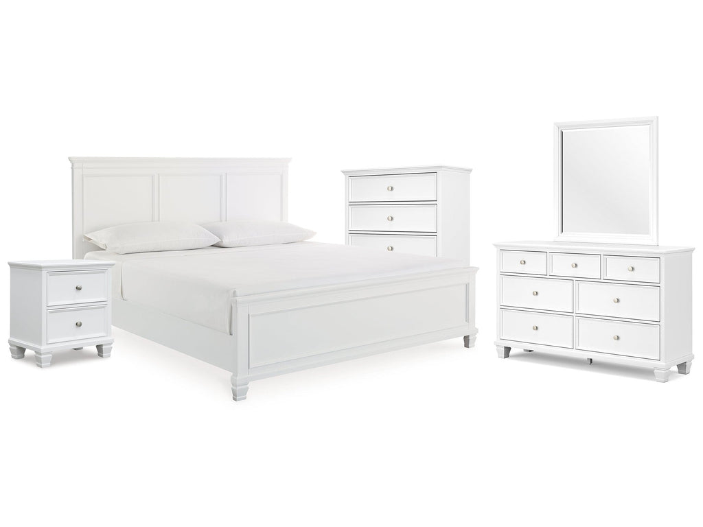 Fortman King Panel Bed, Dresser, Mirror, Chest and Nightstand, White
