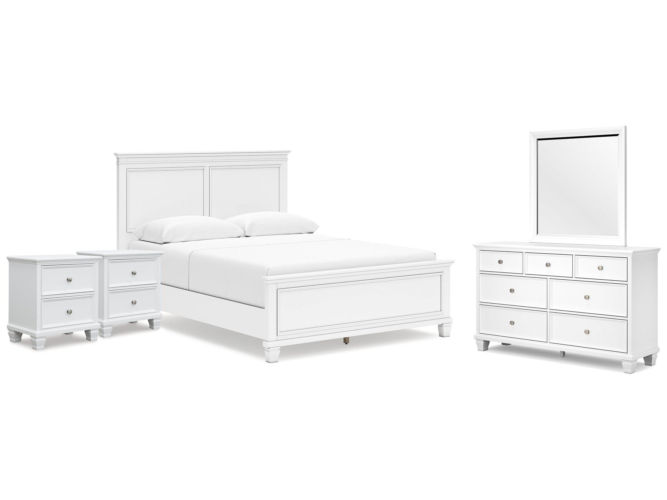 Fortman Queen Panel Bed, Dresser, Mirror and 2 Nightstands, White