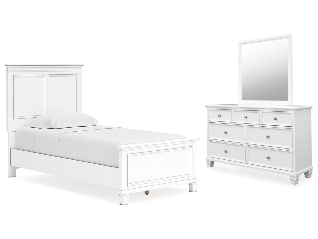 Fortman White Twin Panel Bed, Dresser and Mirror