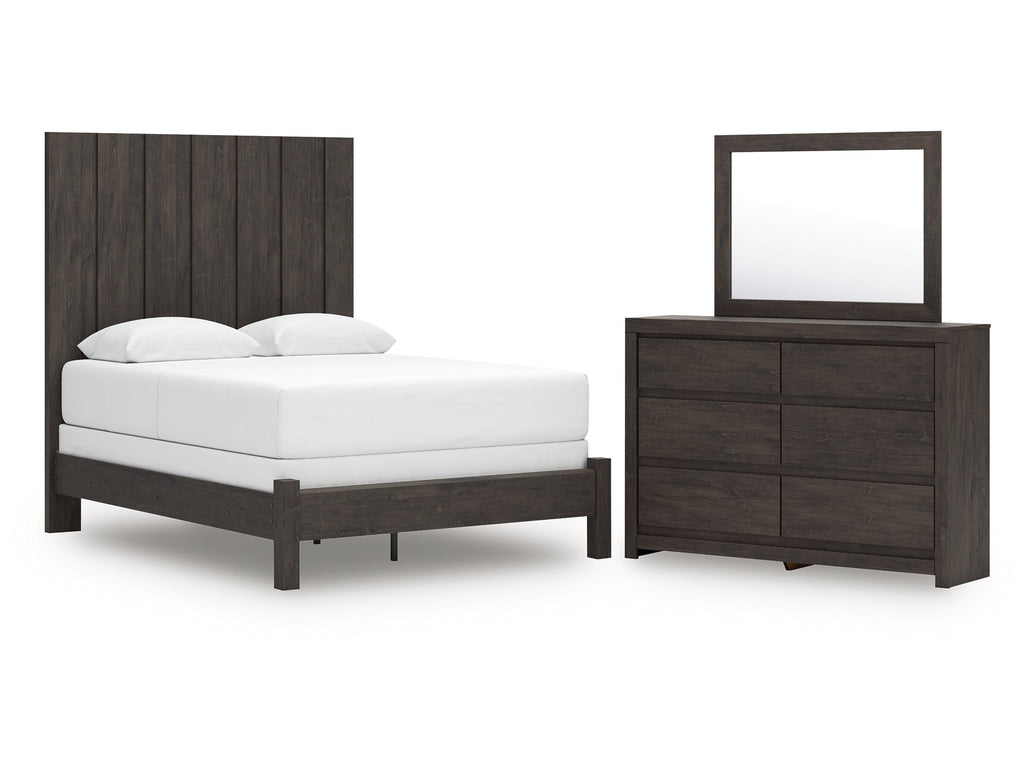 Fraluna Charcoal Queen Panel Bed, Dresser and Mirror