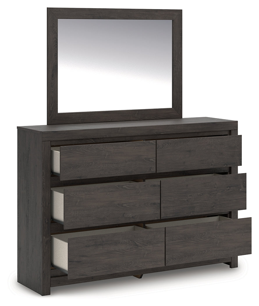 Fraluna Charcoal Queen Panel Bed, Dresser and Mirror