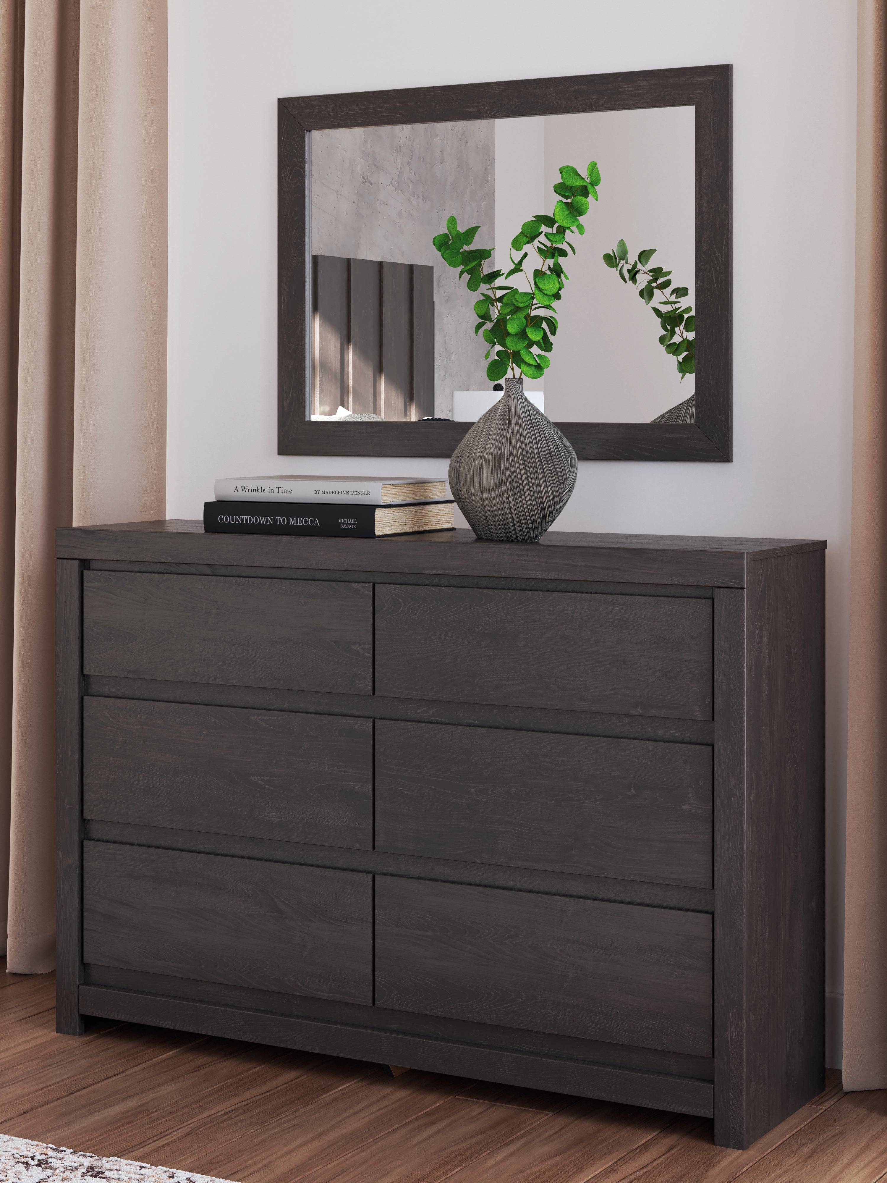 Fraluna Charcoal Queen Panel Bed, Dresser and Mirror