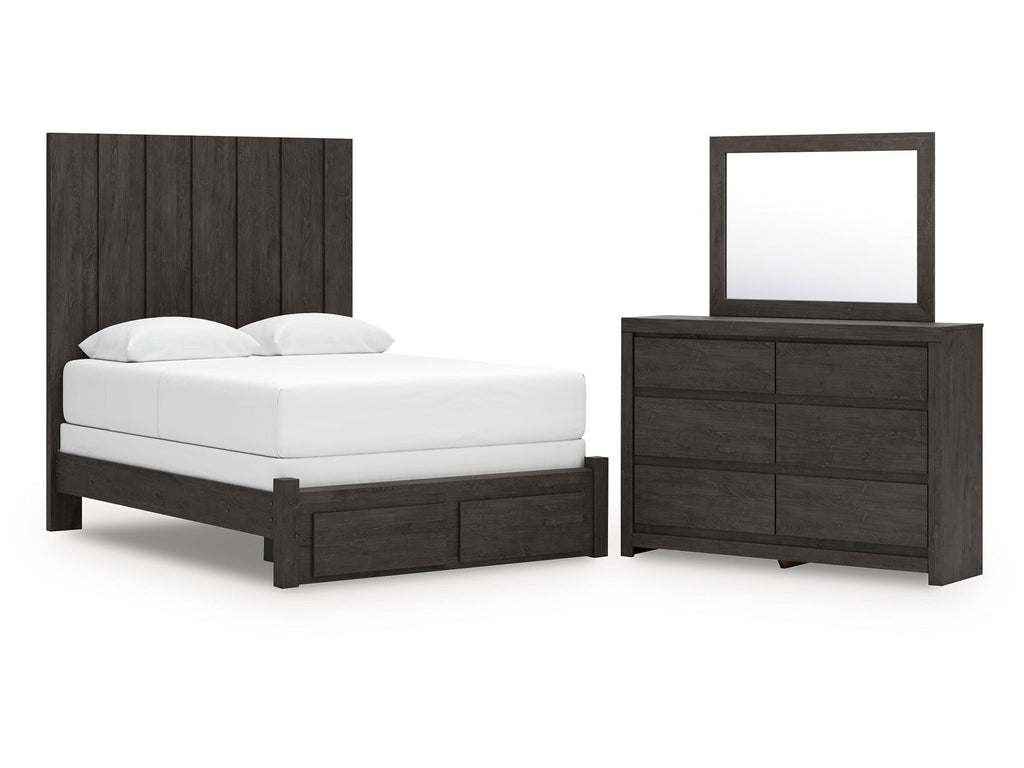 Fraluna Charcoal Queen Panel Storage Bed, Dresser and Mirror
