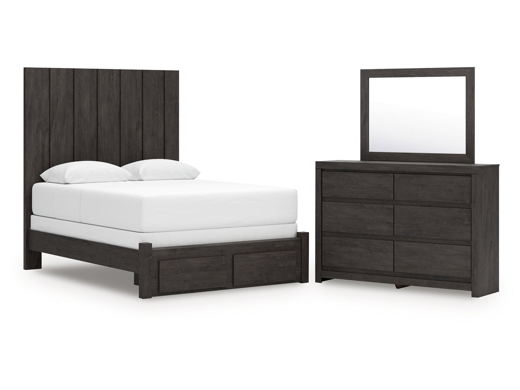 Fraluna Charcoal Queen Panel Storage Bed, Dresser and Mirror