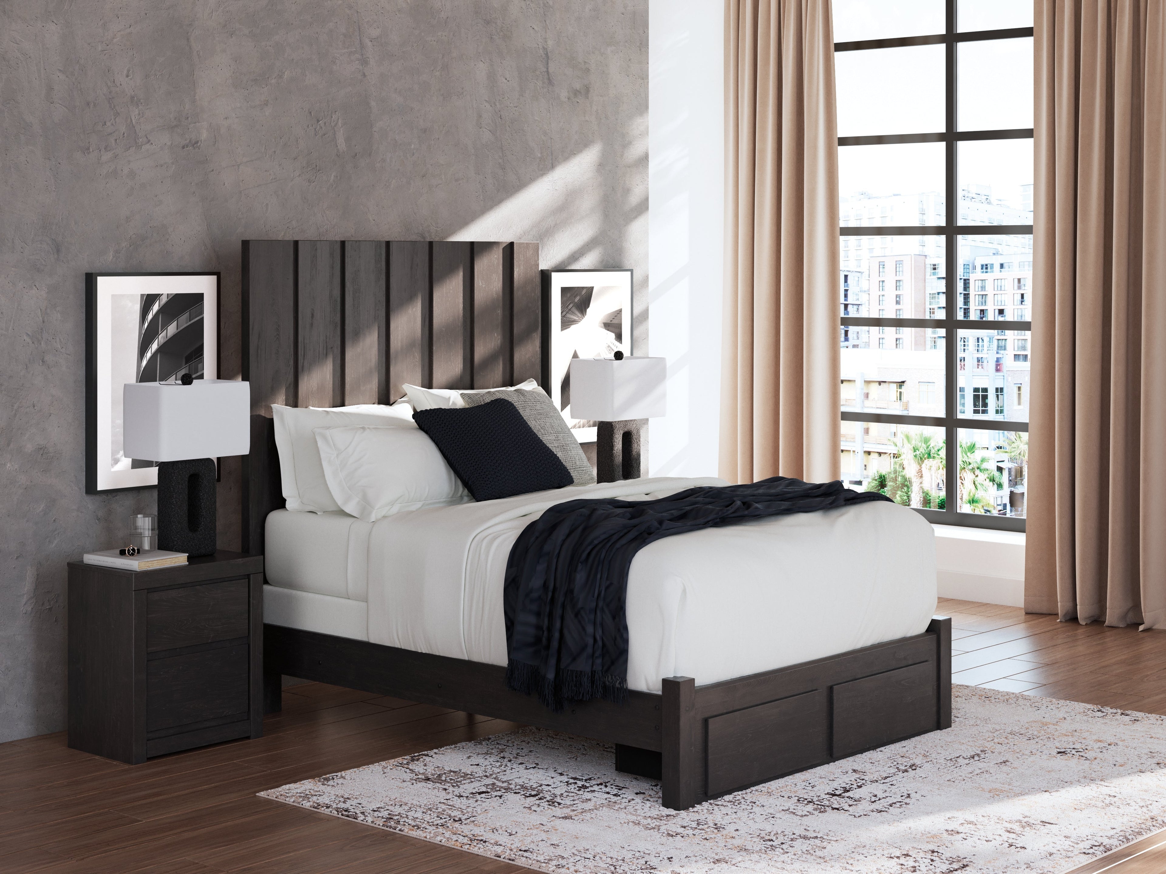 Fraluna Charcoal Queen Panel Storage Bed, Dresser and Mirror
