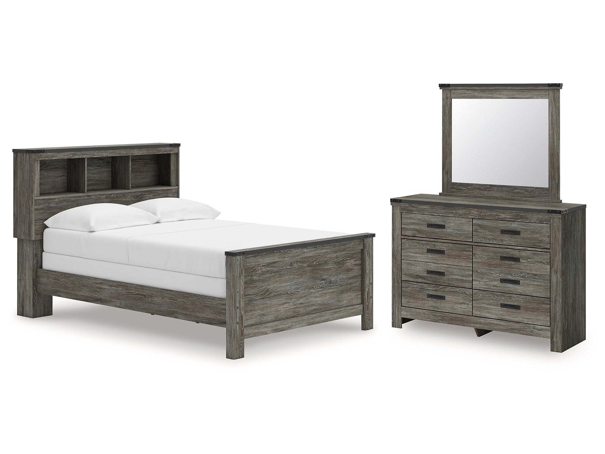 Frandern Gray Full Bookcase Bed, Dresser and Mirror