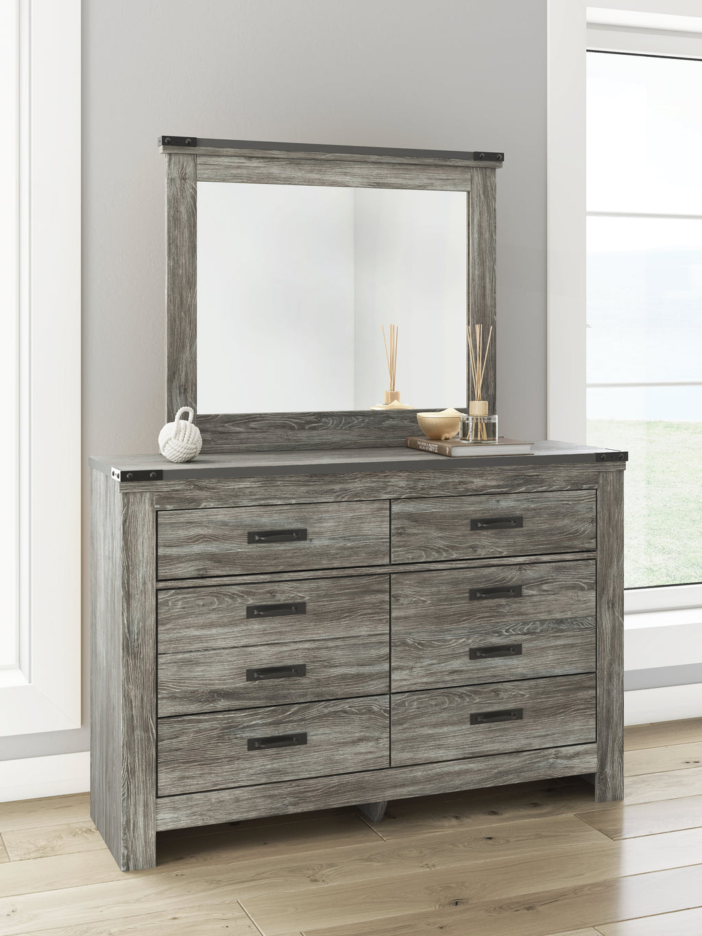 Frandern Gray Full Bookcase Bed, Dresser and Mirror