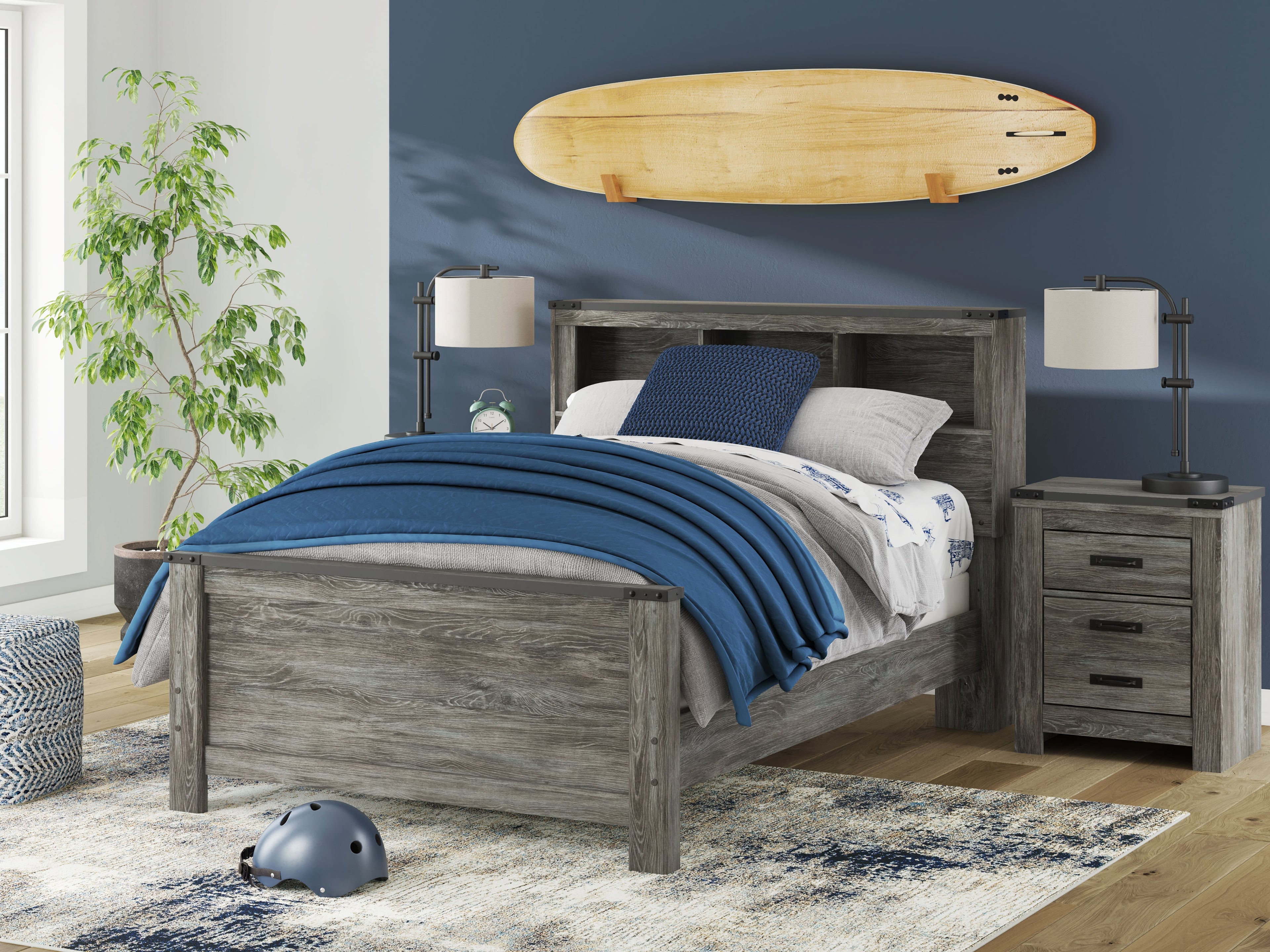 Frandern Gray Full Bookcase Bed, Dresser and Mirror