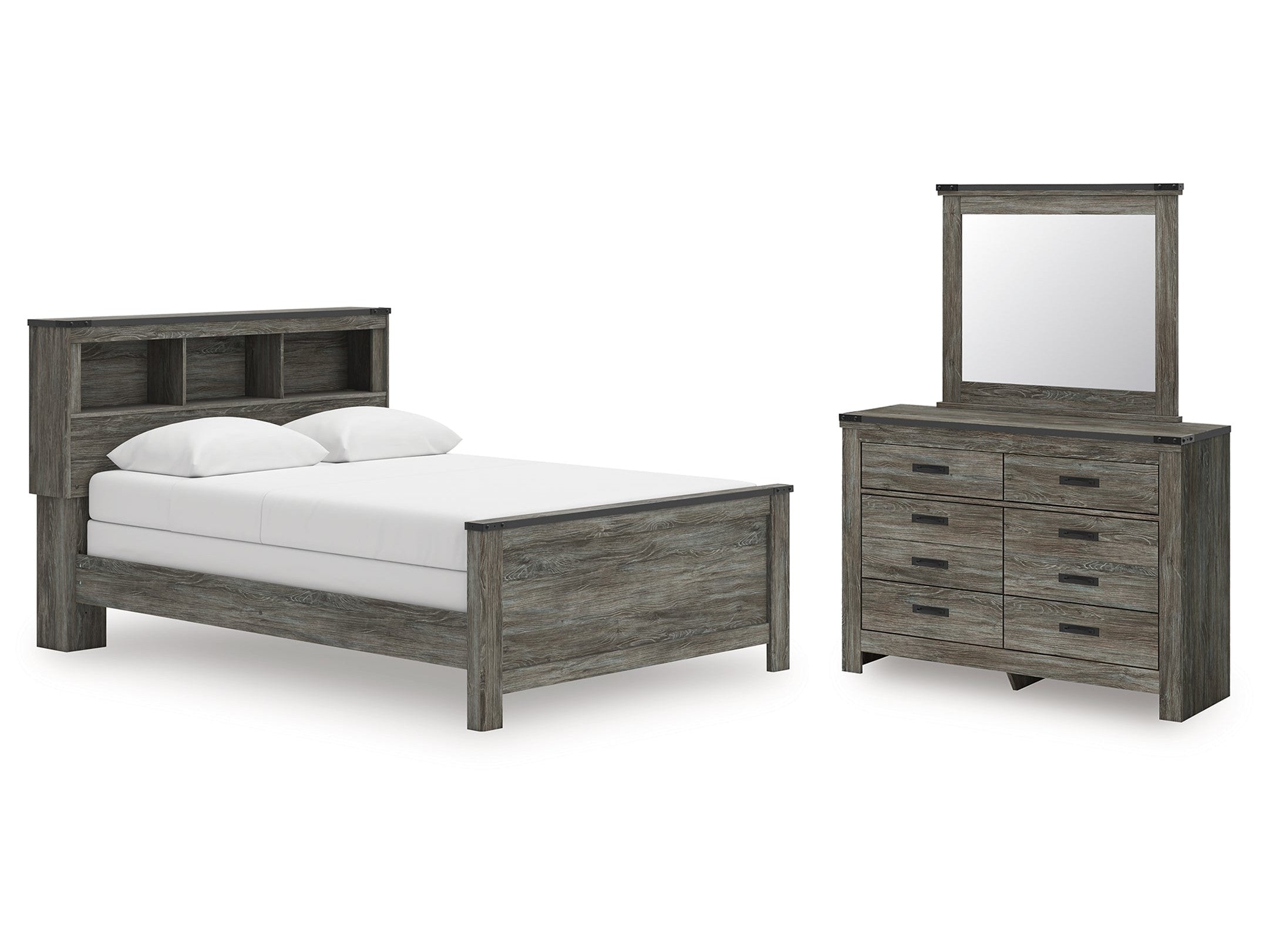 Frandern Gray Queen Bookcase Bed, Dresser and Mirror