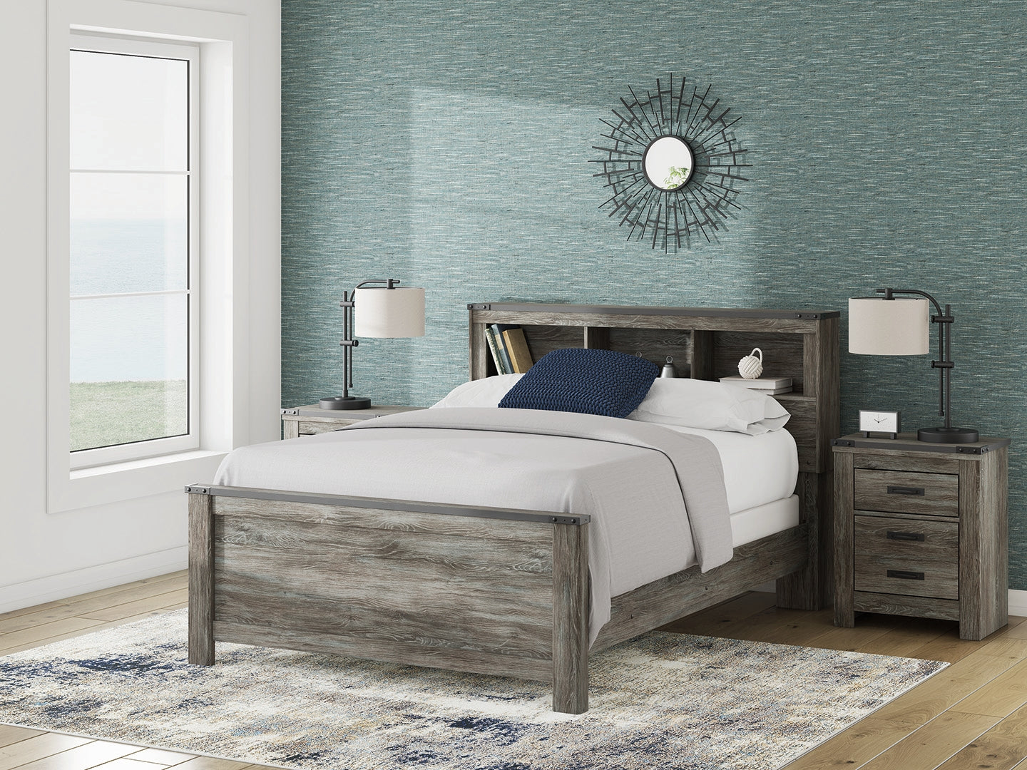 Frandern Gray Queen Bookcase Bed, Dresser and Mirror