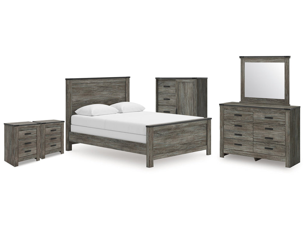 Frandern Queen Panel Bed, Dresser, Mirror, Chest and 2 Nightstands, Gray