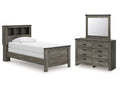 Frandern Gray Twin Bookcase Bed, Dresser and Mirror